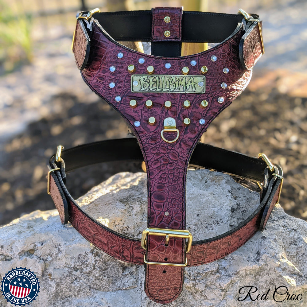 NH9 - Personalized Leather Dog Harness w/Gems & Bucket Studs