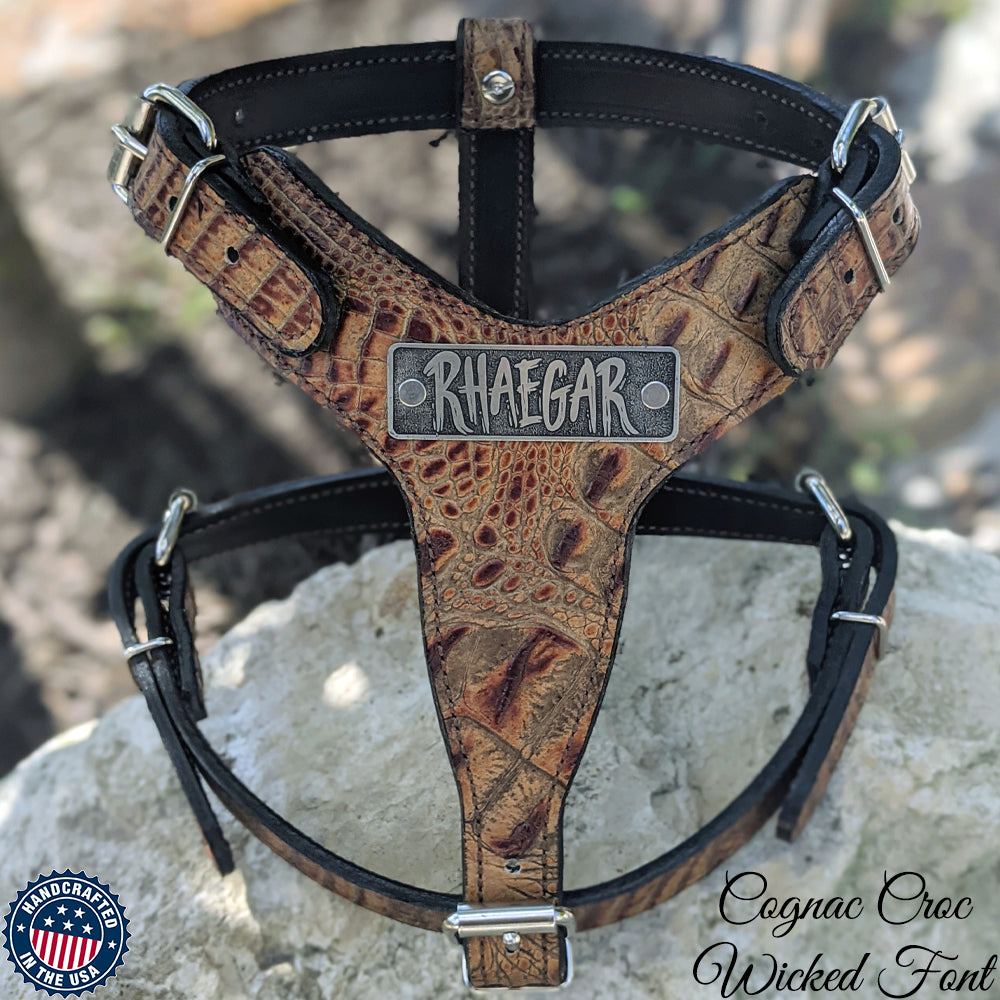 Custom Sport Cut Leather Dog Harness with Engraved Name Plate