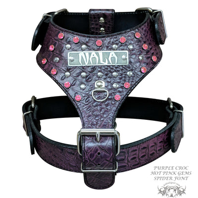 Y01 - Personalized Leather Dog Harness with Gems & Rivets