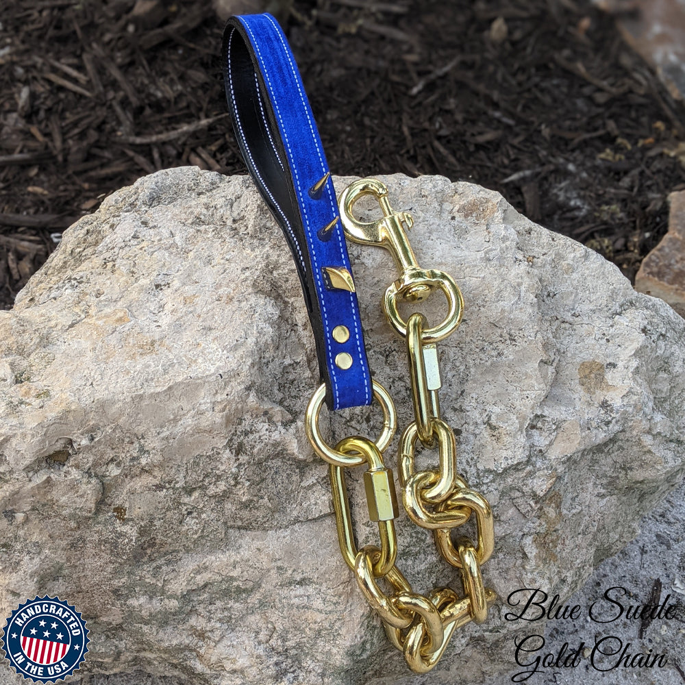 Super Heavy Gold Chain Dog Leash with Spiked Leather Handle - 30"