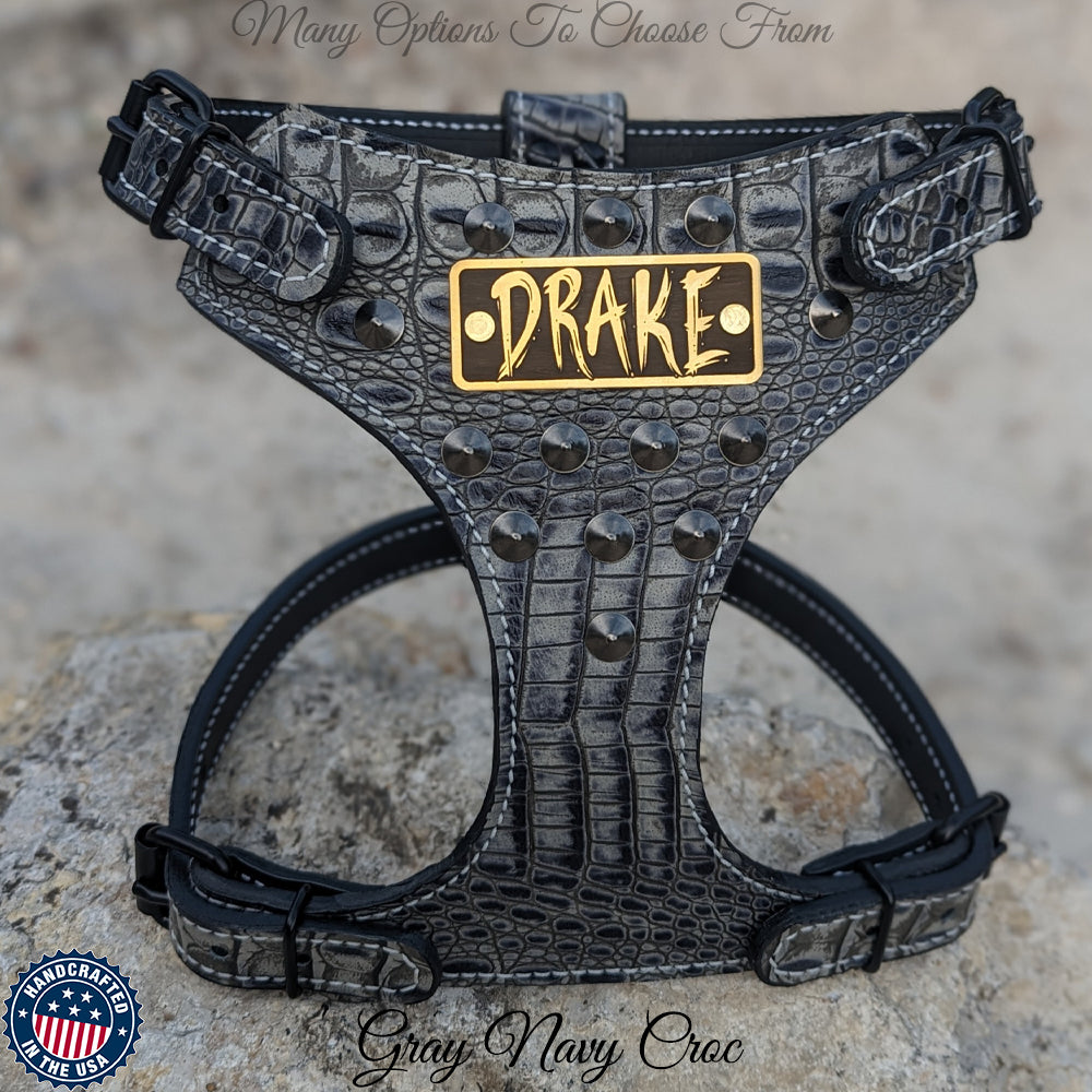 FBH5 - French Bulldog Personalized Cone Studded Leather Harness