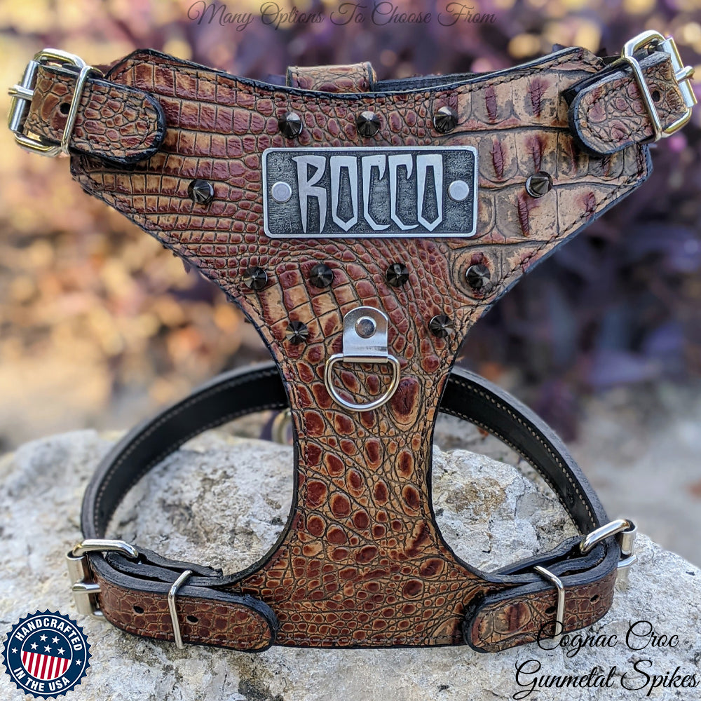 FBH3 - French Bulldog Leather Harness with Name & Spikes