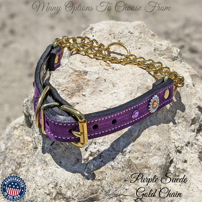 LM2 - Leather Martingale Collar with Daisies & Gems - 1"