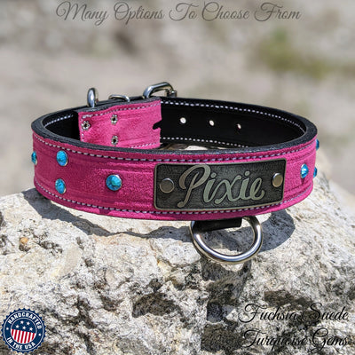 N11 - 1.5" Wide Leather Dog Collar with Name Plate & Gems