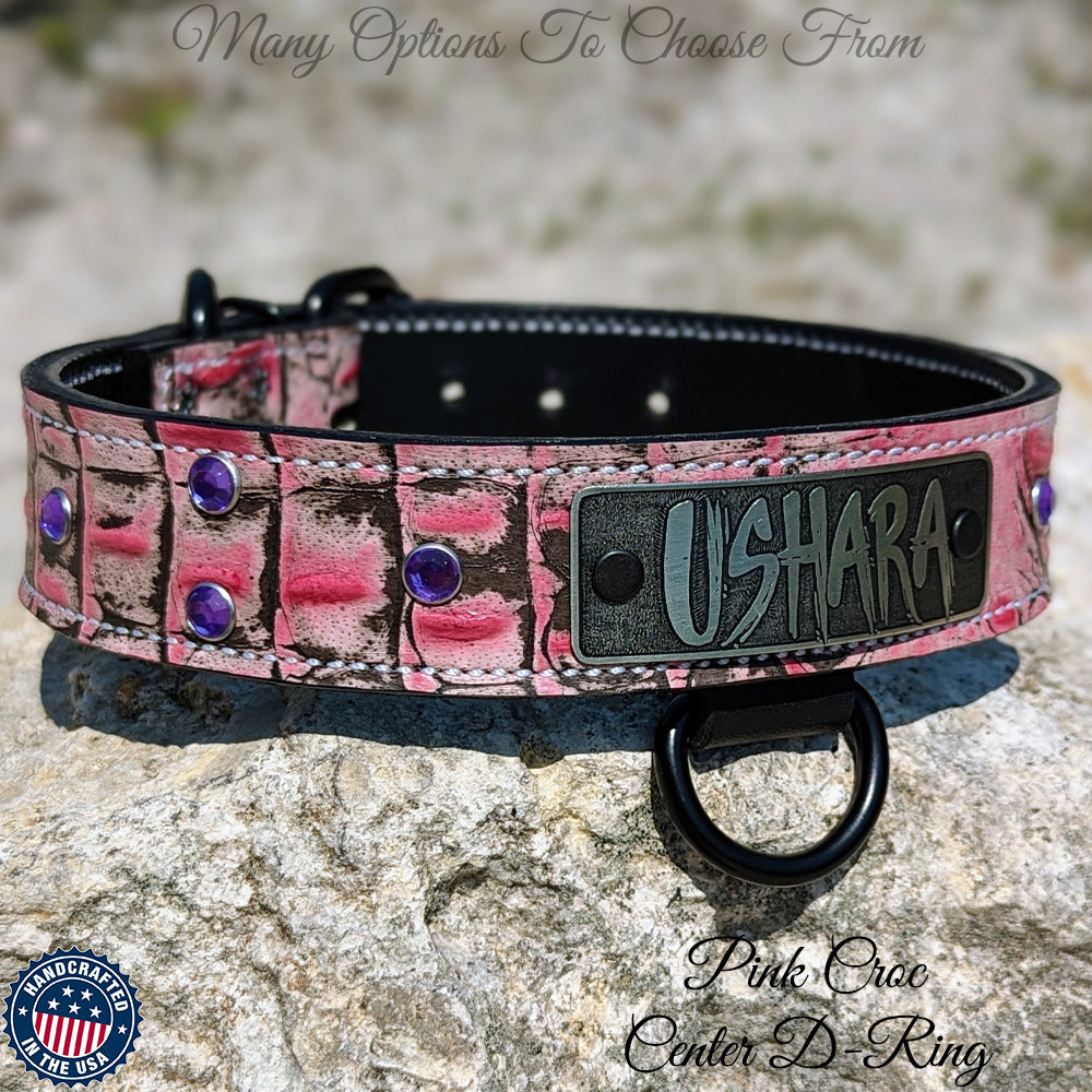 N11 - Collar de cuero para perros de 1,5" de ancho con placa de identificación y gemas