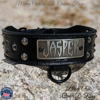 Leather Tapered Dog Collar Name Plate with Studs 2" Wide - N5