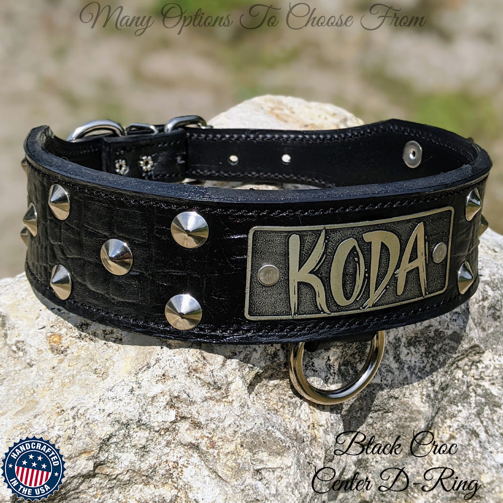 Leather Tapered Dog Collar Name Plate with Studs 2