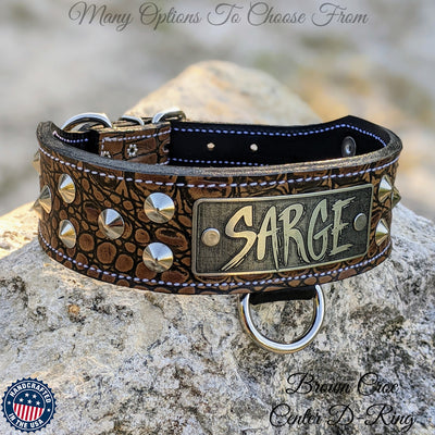 Leather Tapered Dog Collar Name Plate with Studs 2 Wide - N5