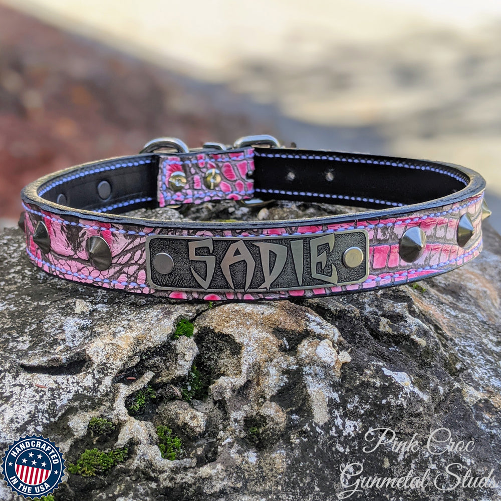 NU3 - Custom 1" Wide Personalized Italian Leather Dog Collar with Cone Studs & Engraved Name Plate