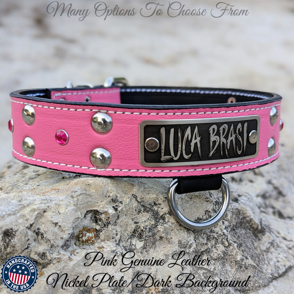 Personalized Studs & Gems Leather Dog Collar - 2 Wide - Pit Bull Gear