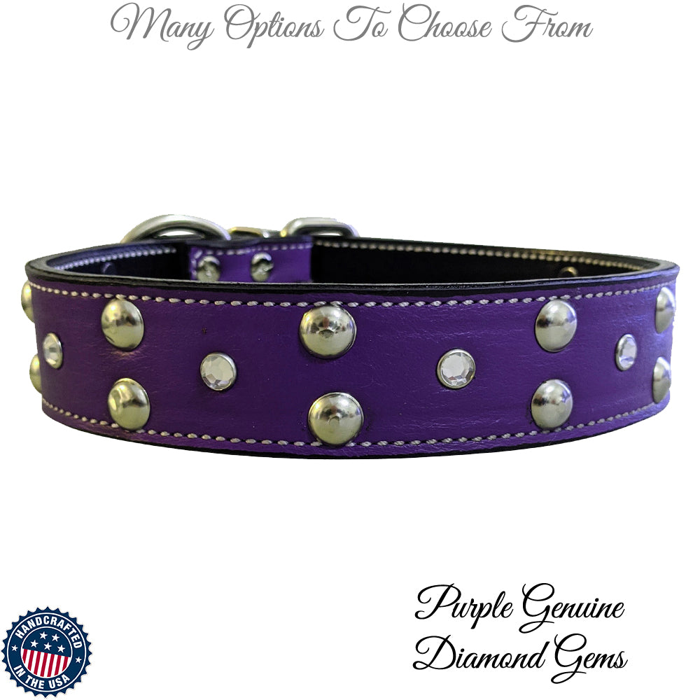V9 - Collar de cuero para perros con gemas y tachuelas de 1 1/2"
