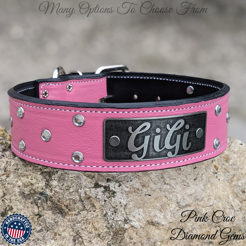 W12 - Coleira de cachorro de couro personalizada de 2&quot; com pedras preciosas