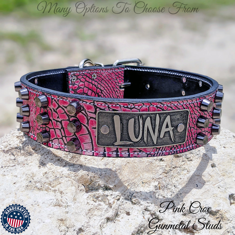 W48 - 2" Wide Personalized Leather Dog Collar with Bucket Studs