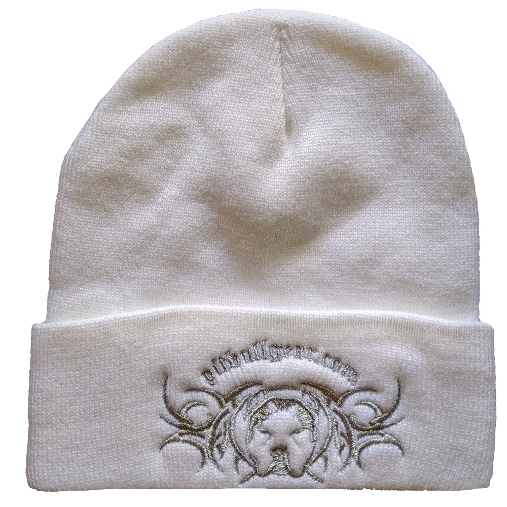 Pit Bull Gear Logo Winter Cuff Beanie – White w/ Silver Metallic Embroidery